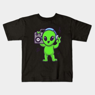 Cute Alien Listening Music With Boombox And Headphone Cartoon Kids T-Shirt